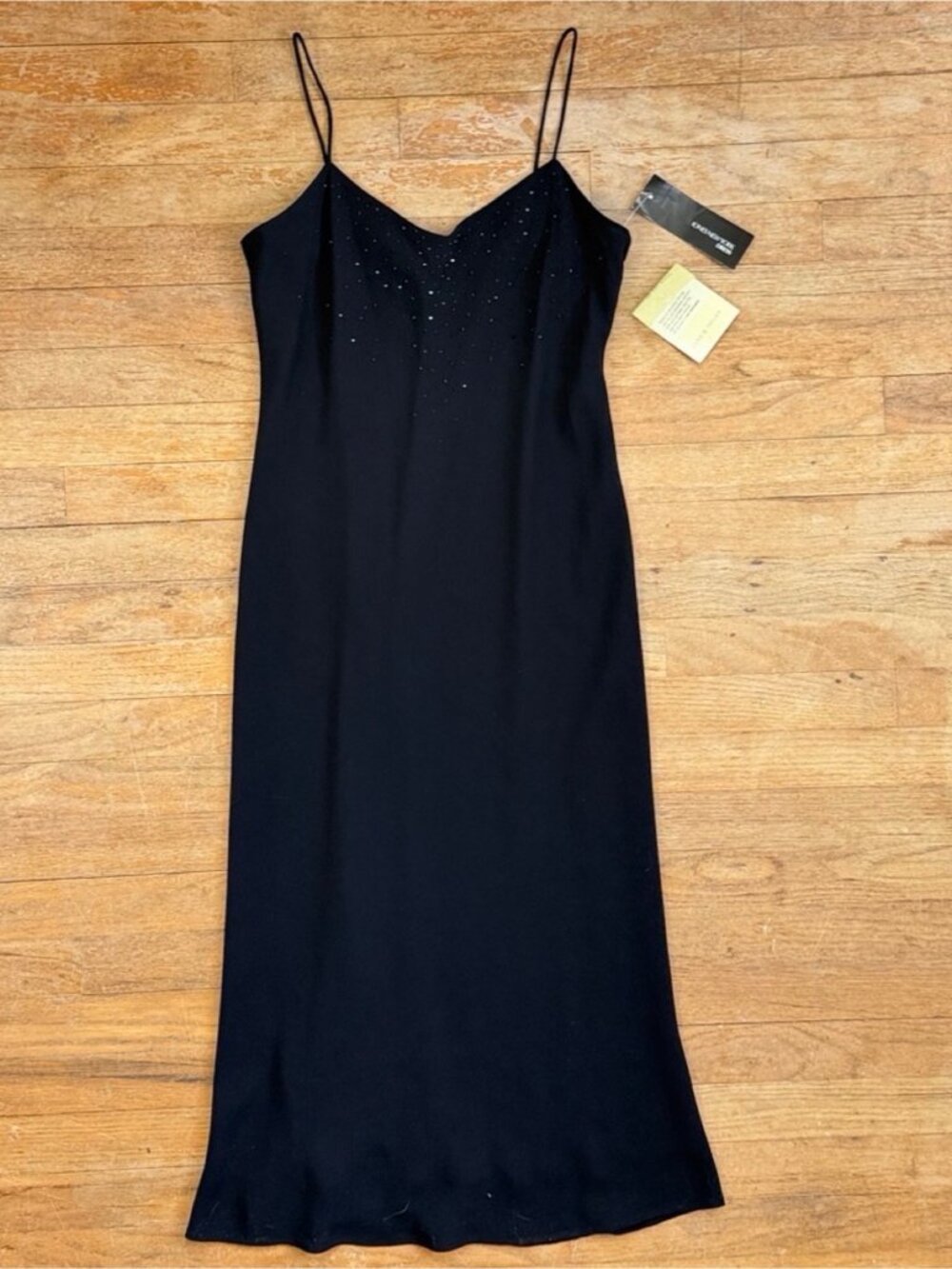Vintage Black Rhinestone Dress Size Small 90s Spaghetti Strap Party Evening Midi